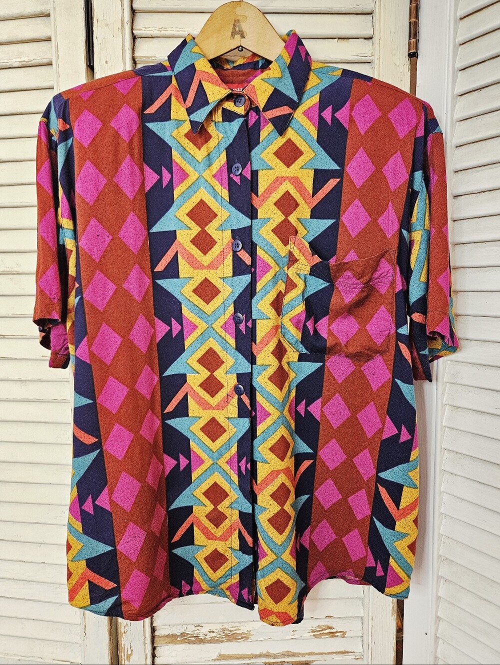 Vintage 90s Colourful Southwestern Printed Rayon Blouse Large